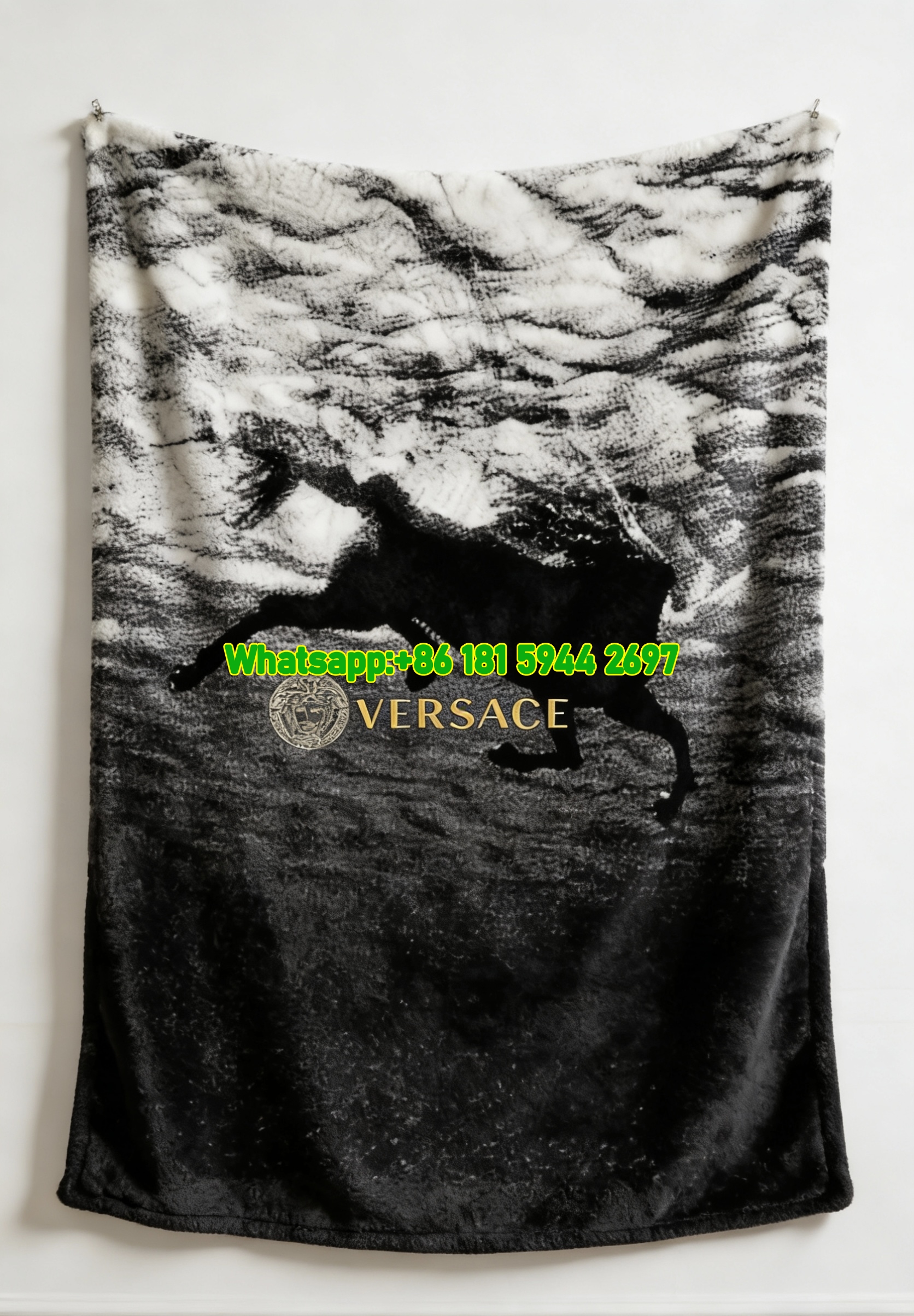 Versace Black and White Gold Underwater Horse Print Flannel Sofa Throw Blanket IMG_1405